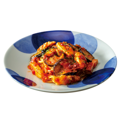 蒸し鶏とトロトロ茄子のピリ辛アラビアータ