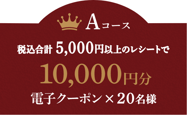 Aコース 税込合計5,000円以上のレシートで10,000円分電子クーポン × 20名様
